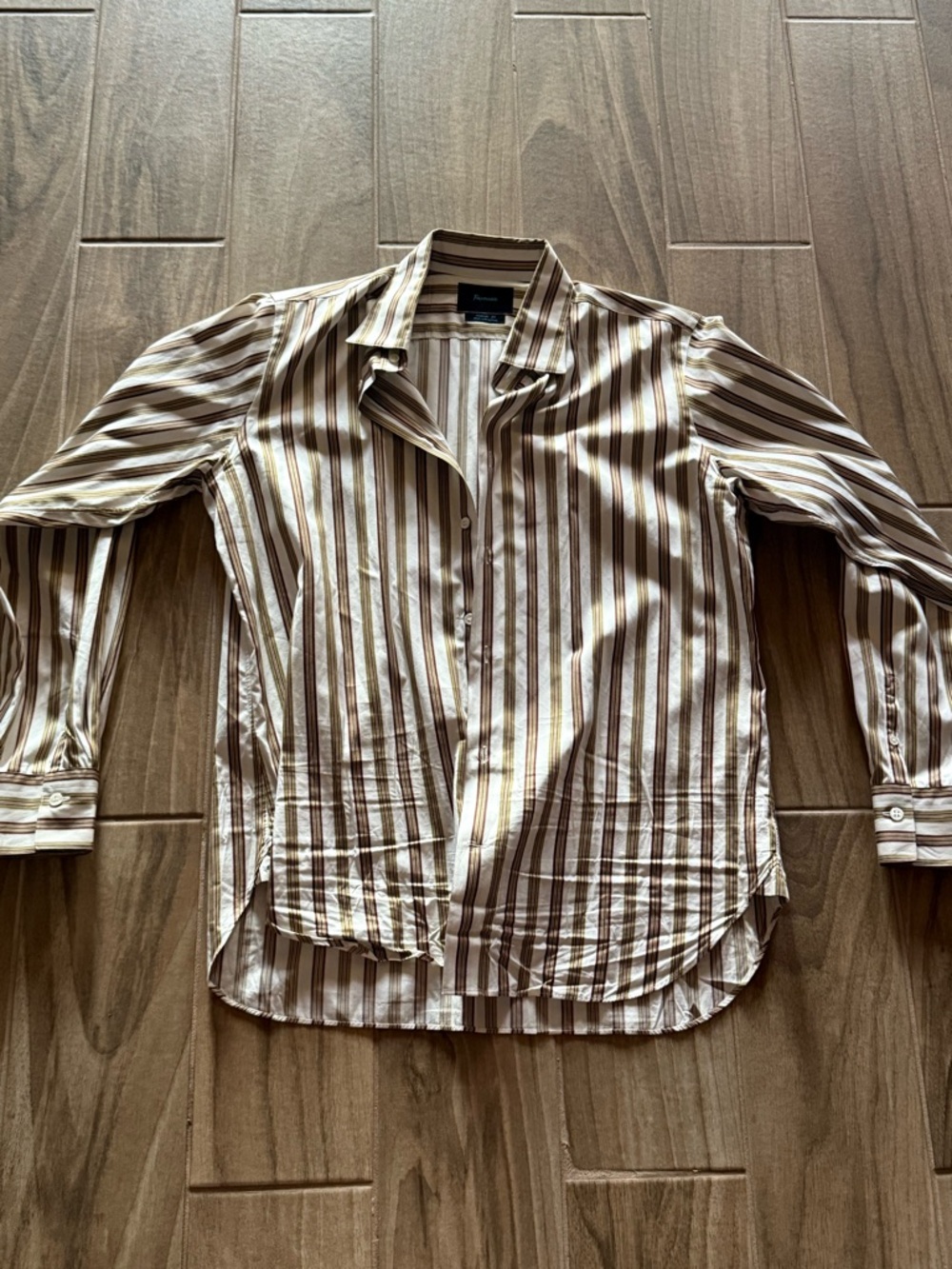 Vintage 80s Façonnable Men's Brown & Cream Stripe Button-Up Shirt